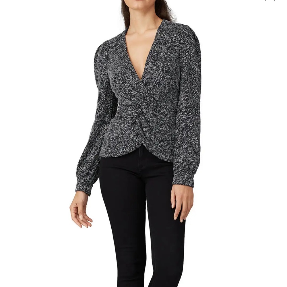 JONATHAN SIMKHAI Twist Front Glitter Top Metallic Black Silver Small Party